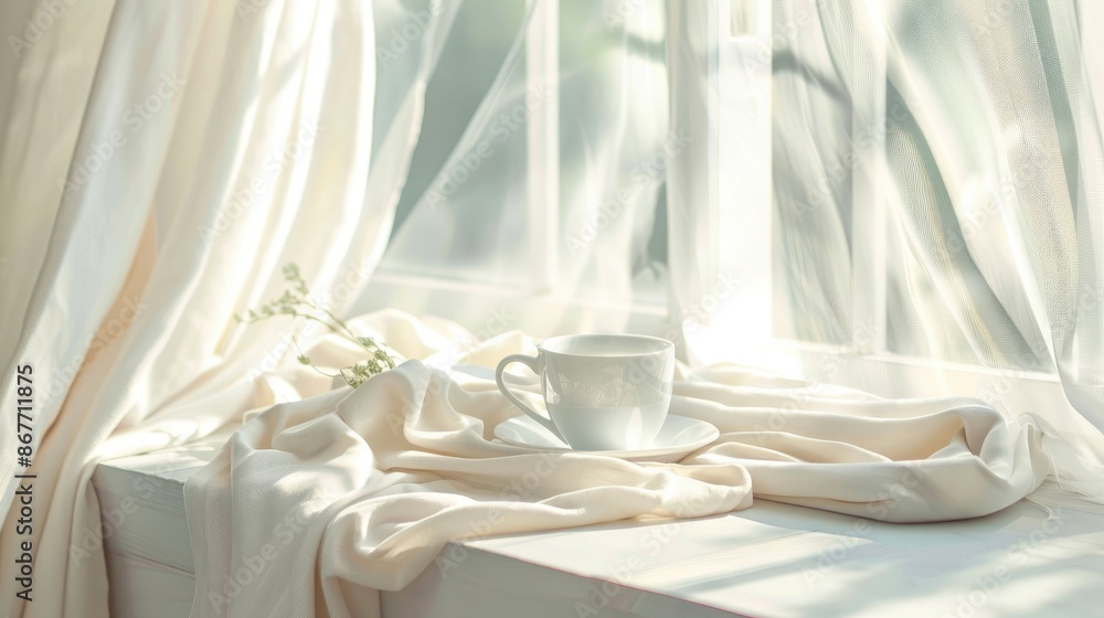 White cloth and coffee cup on windowsill White cloth and coffee cup on windowsill