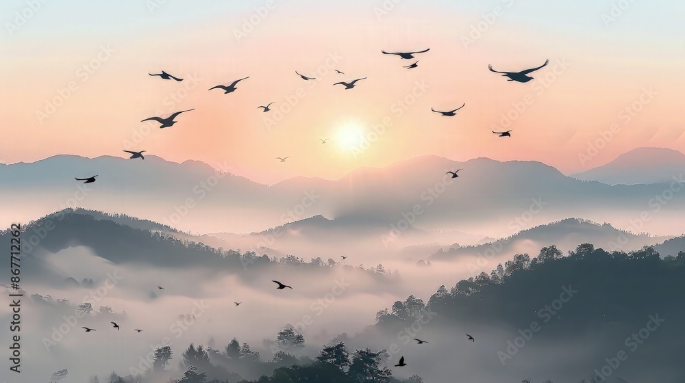 Obraz premium Foggy morning in the mountains with flying birds over silhouettes of hills. Serenity sunrise with soft sunlight and layers of haze. Mountain landscape with mist in woodland in pastel colors.
