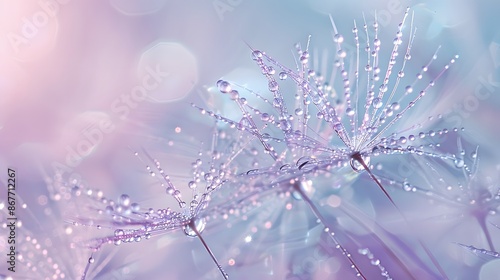 Macro shot of dewy dandelion seeds in a pastel-colored light, creating a dreamy and delicate image with soft focus. © maikuto