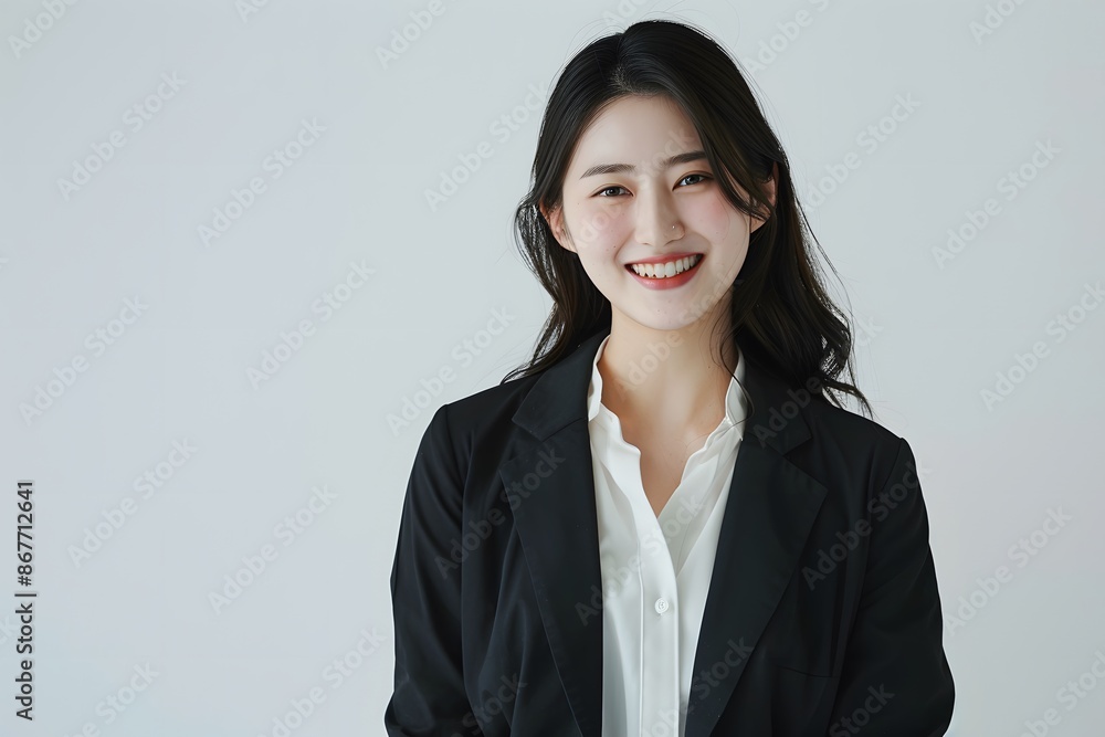 A smiling businesswoman in a black suit, posing confidently with a friendly expression against a plain white background. A smiling businesswoman in a black suit, posing confidently with a friendly expression against a plain white background.