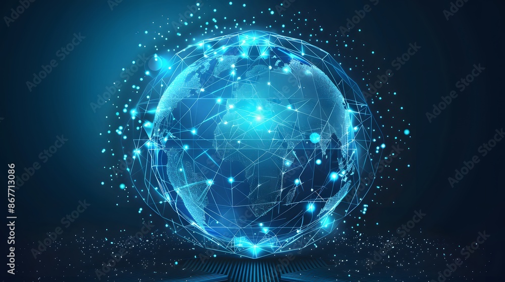 Obraz premium A digital representation of Earth with glowing blue network lines, illustrating global connectivity and advanced technology.