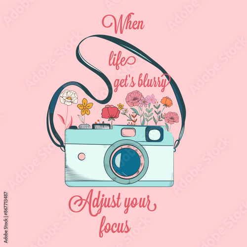 Fashion apparel print with retro photo camera adjust your focus
