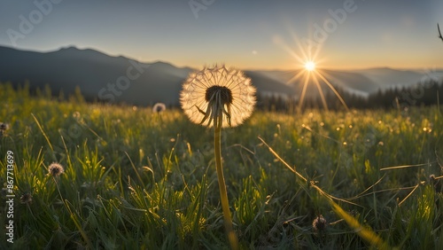 A dandelion is the only flower in a field of grass