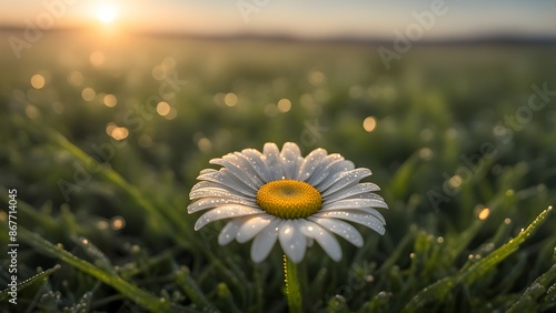 A white flower with a yellow center is in a field of grass
