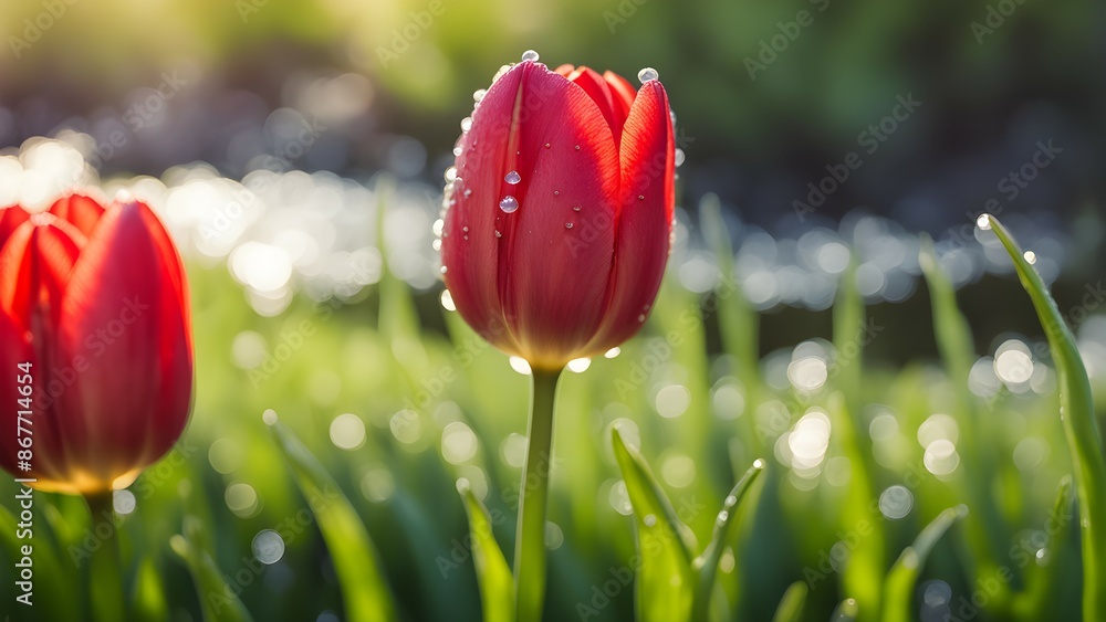 Fototapeta premium A red flower with dew drops on it is in a field of green grass