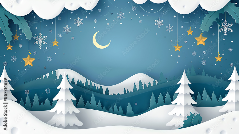 Obraz premium Paper cut style winter landscape with snowy mountains, trees, and stars for a festive holiday greeting.