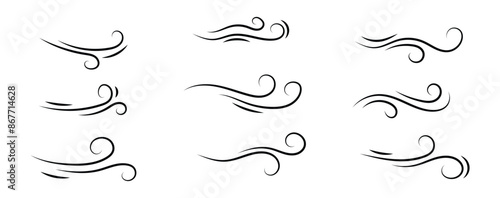 Doodle wind line sketch set. Hand drawn doodle wind, air blow, swirl elements. Sketch drawn air blow motion, smoke flow art, abstract line. Vector illustration. Isolated on white background in eps 10.