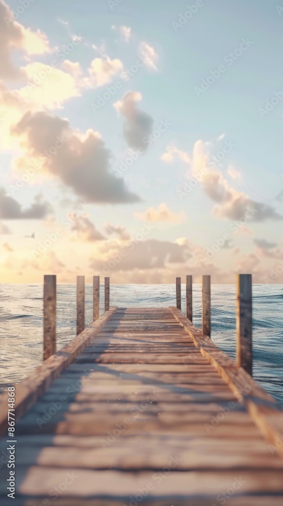 Obraz premium Wooden pier extending into the ocean at sunset, serene seascape. Peaceful nature and travel concept