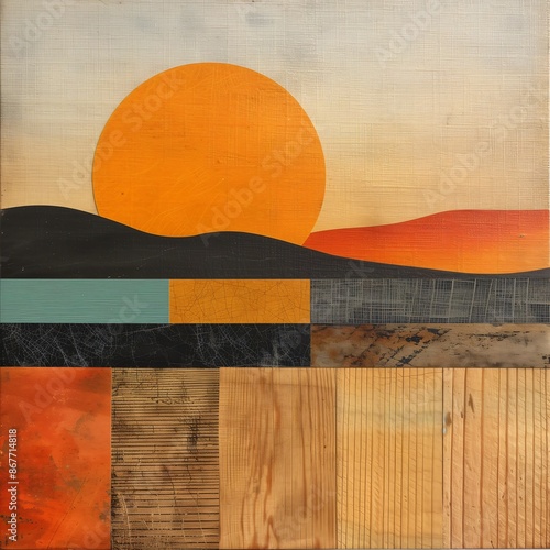 Minimalist abstract landscape painting depicting a large sun setting behind hills, using a variety of textures and geometric shapes