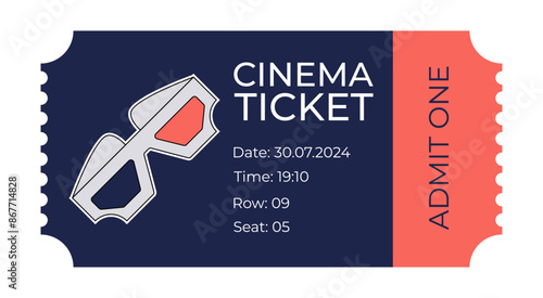 Retro cinema ticket with hand drawing 3d glasses groovy mascot element. Movie entrance coupon template illustration. Vector