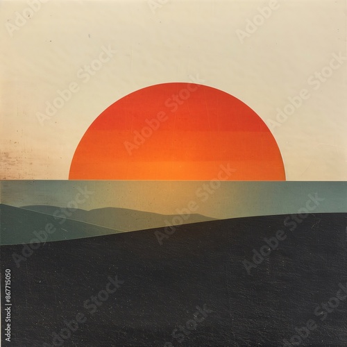 Serene abstract landscape with an oversized sun, blending warm orange, red, and yellow tones against cool blues, grays, and blacks. Perfect for a touch of retro charm in any design project
