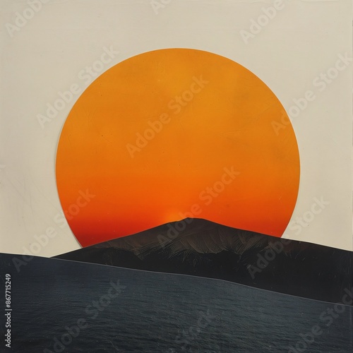 Modern collage of a sunset behind a mountain, blending nature and abstract shapes with a trendy twist
