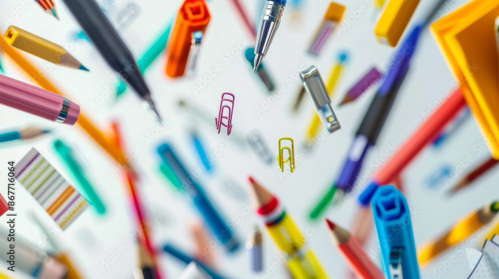 Fototapeta premium Office supplies like pens, pencils, paperclips, and sticky notes in air 