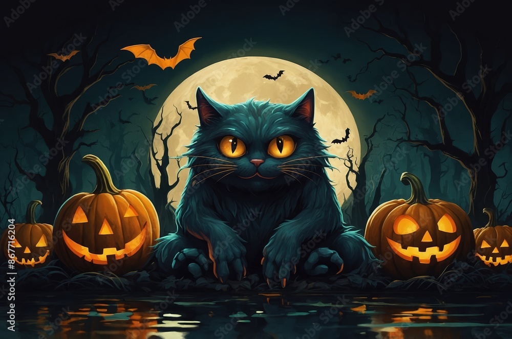A cat is sitting in front of pumpkins and bats and a full moon. A cat is sitting in front of pumpkins and bats and a full moon.