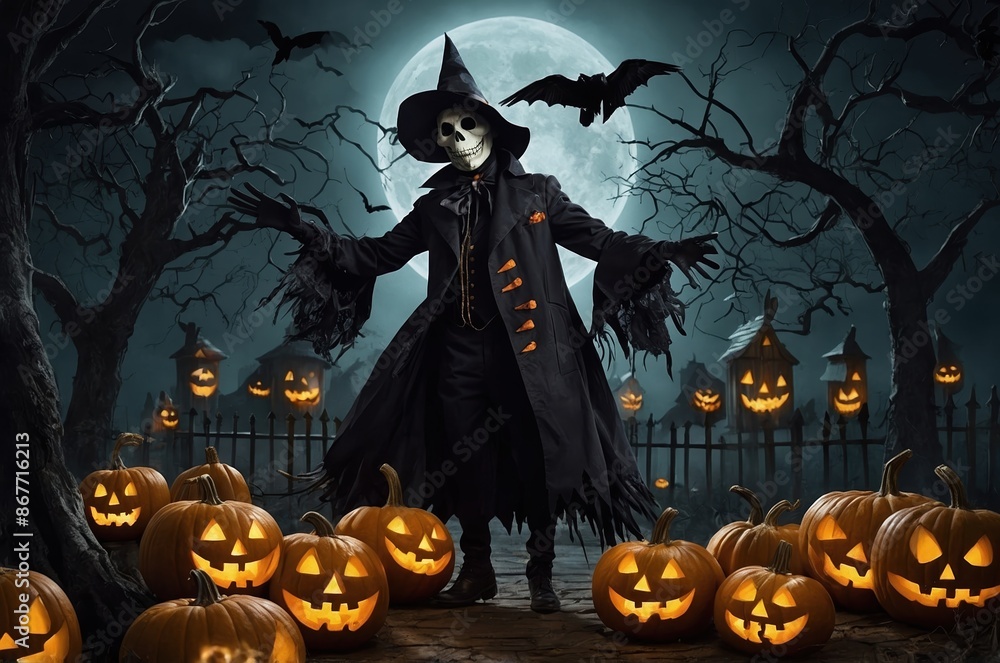 A Halloween scene with a skeleton dressed in a black cloak and a hat A Halloween scene with a skeleton dressed in a black cloak and a hat