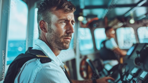 A focused captain in the wheelhouse of a cargo ship, his gaze directed towards the sea, overseeing the vast and unpredictable ocean photo