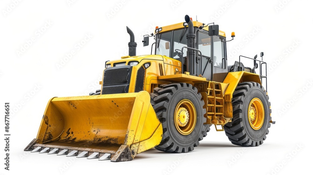 A yellow front wheel loader with a large bucket sits isolated on a white background. The loader has a black cab and large tires, and the bucket is filled with dirt A yellow front wheel loader with a large bucket sits isolated on a white background. The loader has a black cab and large tires, and the bucket is filled with dirt