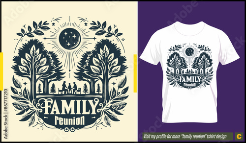 Family times a family reunion design and vector graphics. Family is sitting on a bench and enjoying gathering surrounded by trees in a peaceful place.