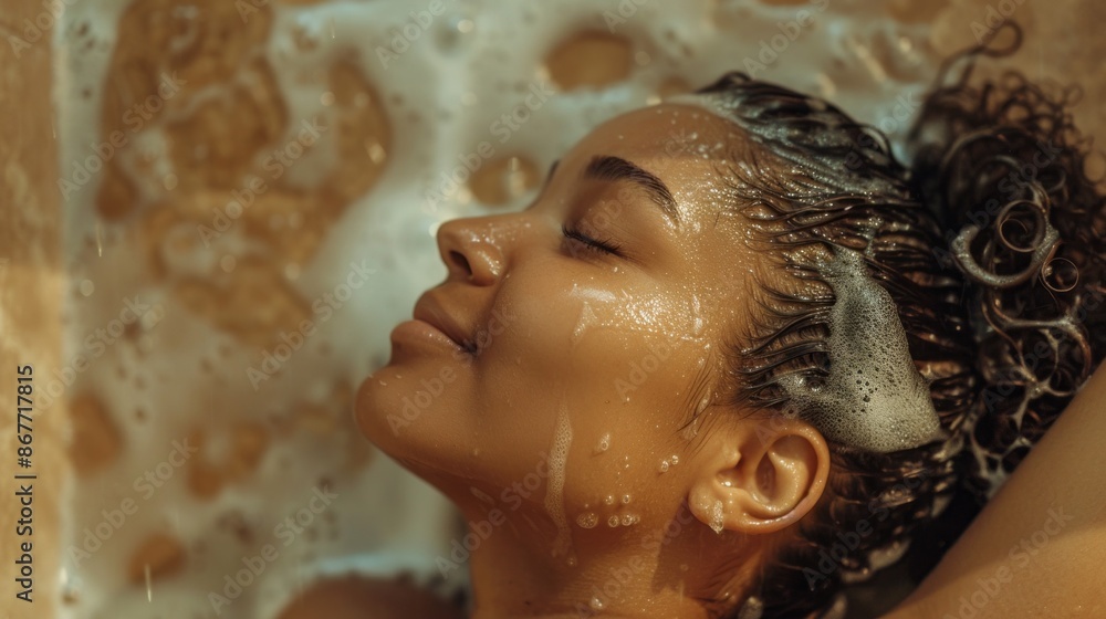 A young woman relaxes while washing her hair in the shower, surrounded by bubbles. Her eyes are closed, indicating a moment of peace and tranquility