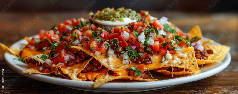 custom made wallpaper toronto digitalA plate of nachos piled high with tortilla chips, melted cheese, beans, and a variety of salsas.