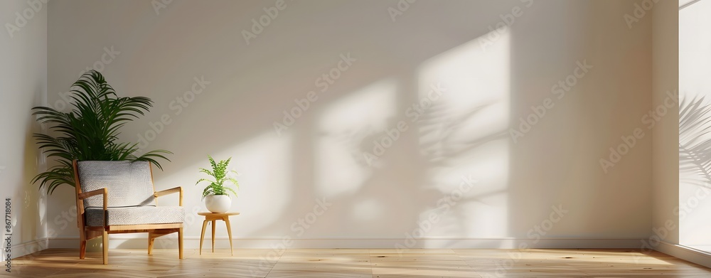 Minimalist interior design with white walls and a light blue armchair on a wooden floor Minimalist interior design with white walls and a light blue armchair on a wooden floor
