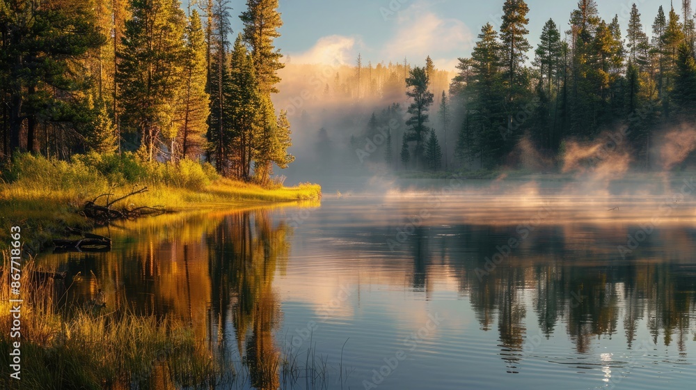 A tranquil campsite by a serene river, with tall trees reflected in the calm water and mist rising in the morning light. A tranquil campsite by a serene river, with tall trees reflected in the calm water and mist rising in the morning light.
