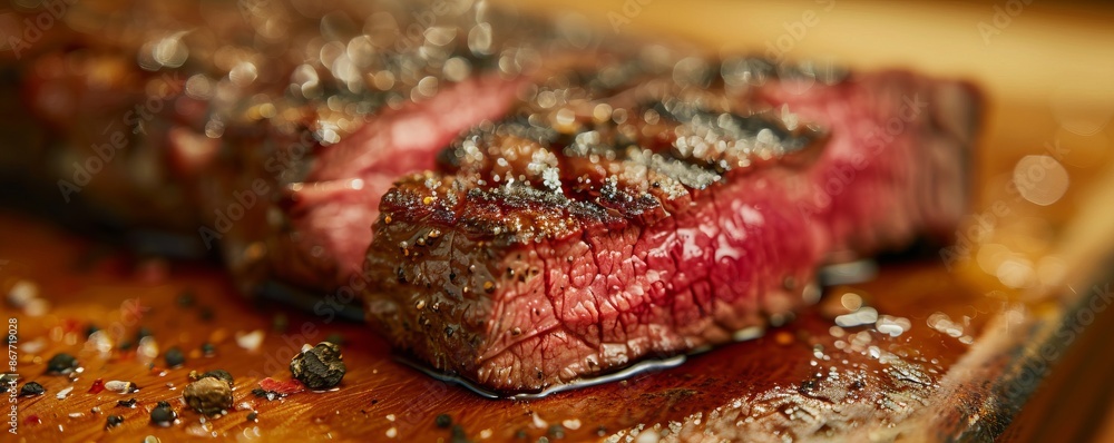A close-up shot of a perfectly cooked steak, its juicy marbling and flavorful crust tempting the senses, showcasing culinary artistry. A close-up shot of a perfectly cooked steak, its juicy marbling and flavorful crust tempting the senses, showcasing culinary artistry.