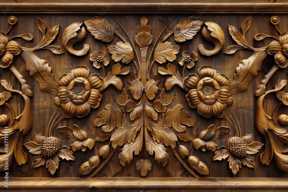 A luxurious wooden panel wall adorned with intricate floral ornamentation, capturing the essence of classic traditional design. The warm wood tones and detailed carvings exude a royal ambiance, A luxurious wooden panel wall adorned with intricate floral ornamentation, capturing the essence of classic traditional design. The warm wood tones and detailed carvings exude a royal ambiance,