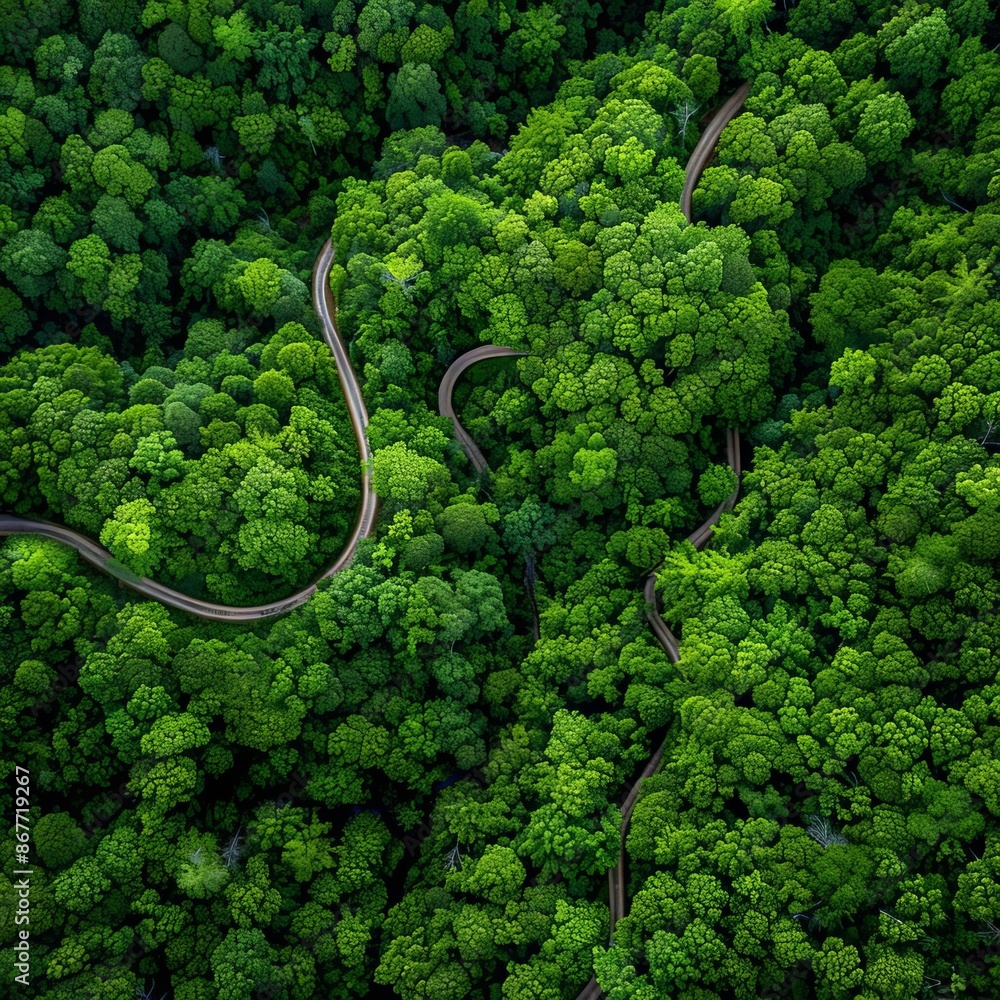 Aerial view of a winding road through a lush green forest. Aerial view of a winding road through a lush green forest.