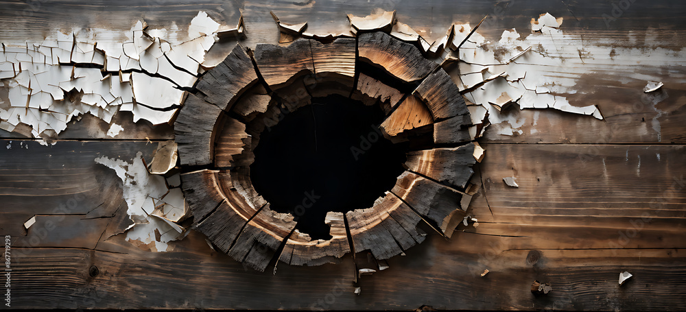 Fototapeta premium Hole breaking through wooden wall, cut out 