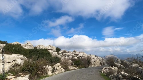 Road to Antequerra National Park, limestone rock formations and known for unusual karst landforms in Andalusia, Malaga, Spain.
