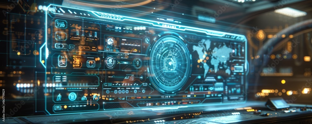 A holographic interface projected onto a transparent screen, displaying information and data. A holographic interface projected onto a transparent screen, displaying information and data.