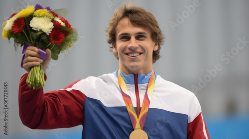 The young adult man was happy to receive a gold medal with a ribbon for his success in sports at the stadium. medal, man, gold, ribbon, happy, sports, success, stadium, young, adult, day, sportswear