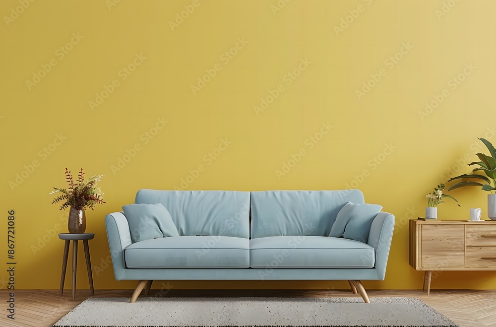 Minimalist living room with a pastel blue sofa and wooden sideboard against a yellow wall Minimalist living room with a pastel blue sofa and wooden sideboard against a yellow wall