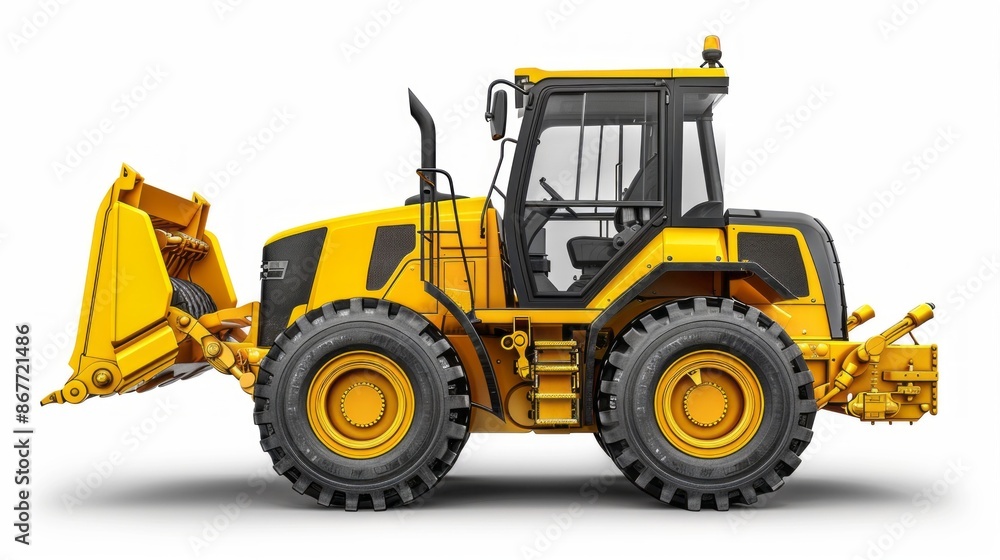 A yellow front wheel loader is isolated on a white background. The loader is facing the left and the bucket is raised up A yellow front wheel loader is isolated on a white background. The loader is facing the left and the bucket is raised up