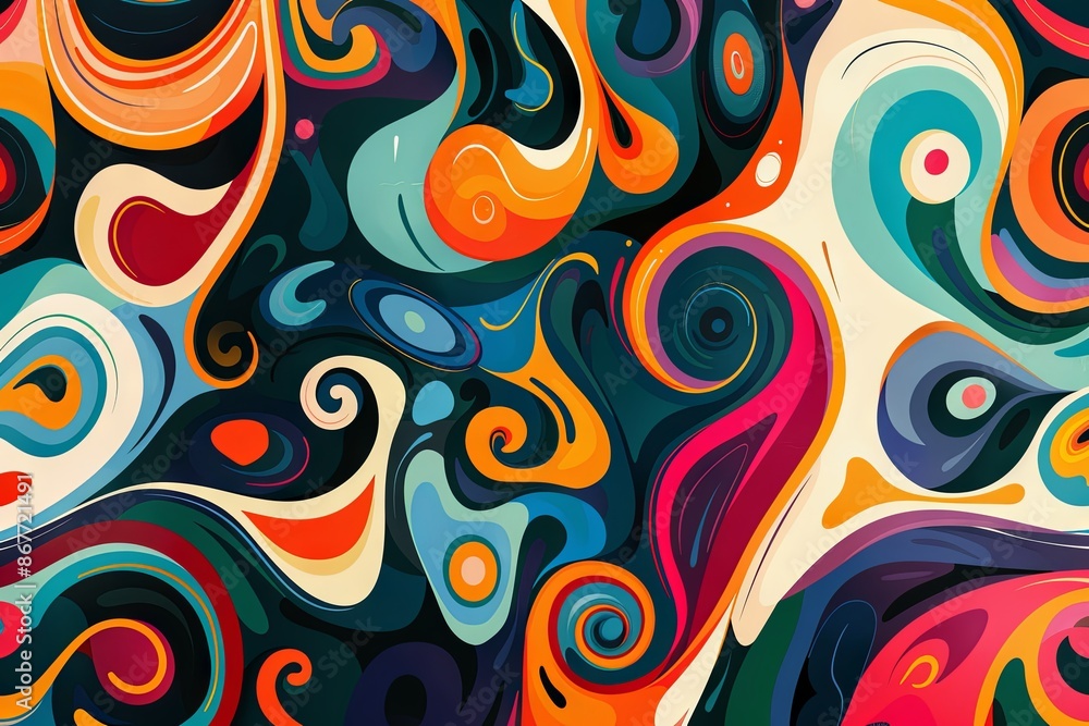 An eye-catching flat background composed of swirling psychedelic shapes, showcasing a harmonious blend of vivid hues and intricate patterns. The design exudes a sense of energy and movement, ideal An eye-catching flat background composed of swirling psychedelic shapes, showcasing a harmonious blend of vivid hues and intricate patterns. The design exudes a sense of energy and movement, ideal