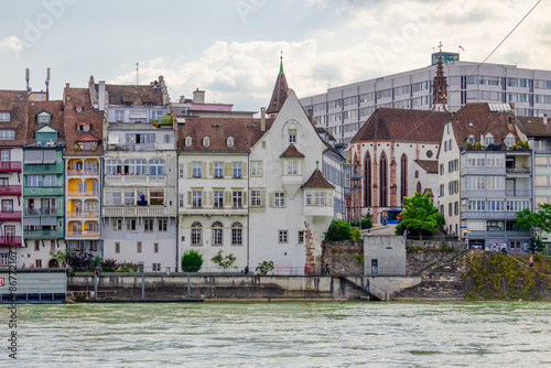 Obraz na płótnie Basel city- A bridge spans Rhein river with a city in the background w salonie