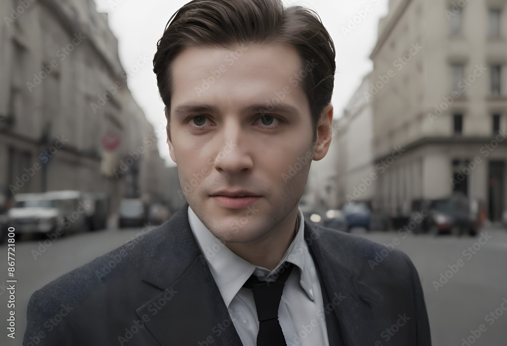 Young Businessman in Suit with Serious Expression on Urban Street Young Businessman in Suit with Serious Expression on Urban Street