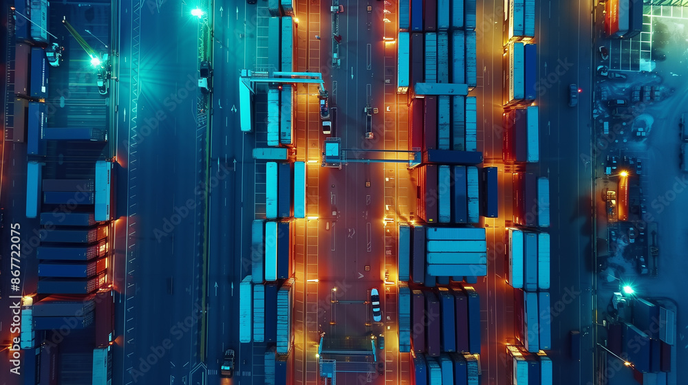 Obraz premium top view of the container site at night. Global logistics network distribution transportation, logistics