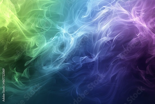 This image depicts enigmatic swirls of green, blue, and purple, merging to create a foggy and mystical abstract composition that evokes a sense of mystery and wonder.