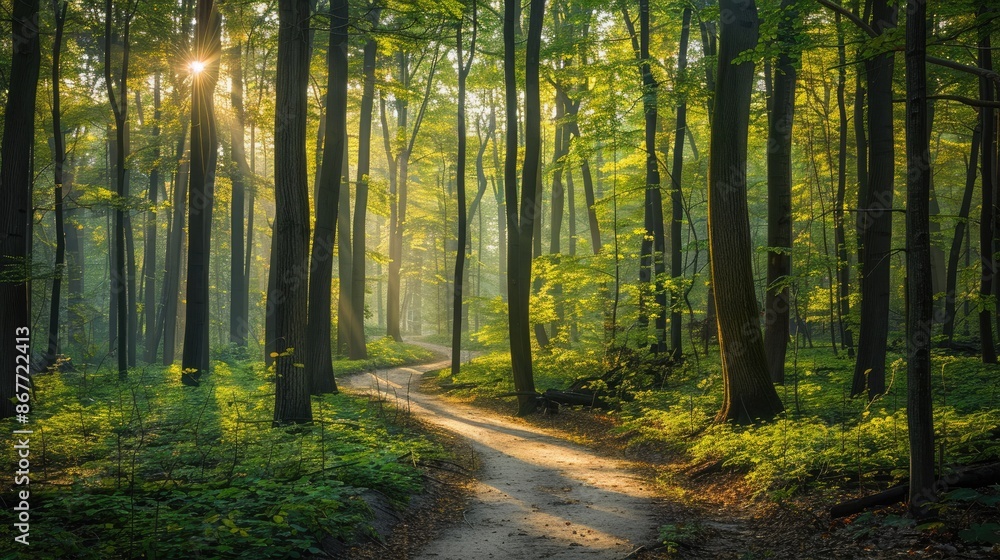 A tranquil forest with a winding path leading through tall trees, with sunlight filtering through the leaves. A tranquil forest with a winding path leading through tall trees, with sunlight filtering through the leaves.