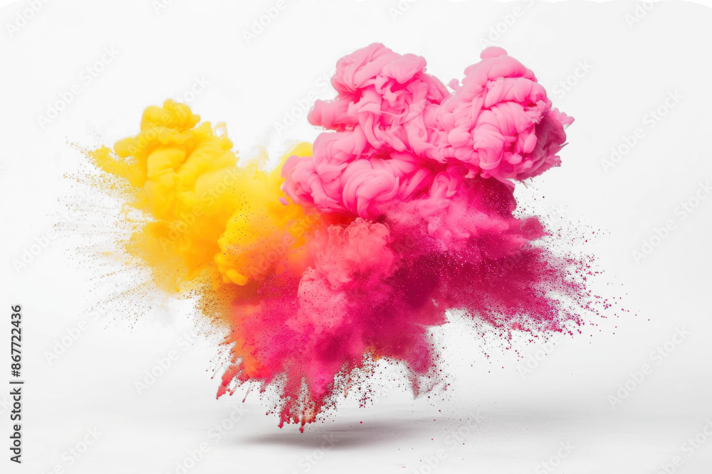 Fototapeta premium Pink and yellow dynamic dual color smoke bomb explosion. Neon colored clouds on transparent background.