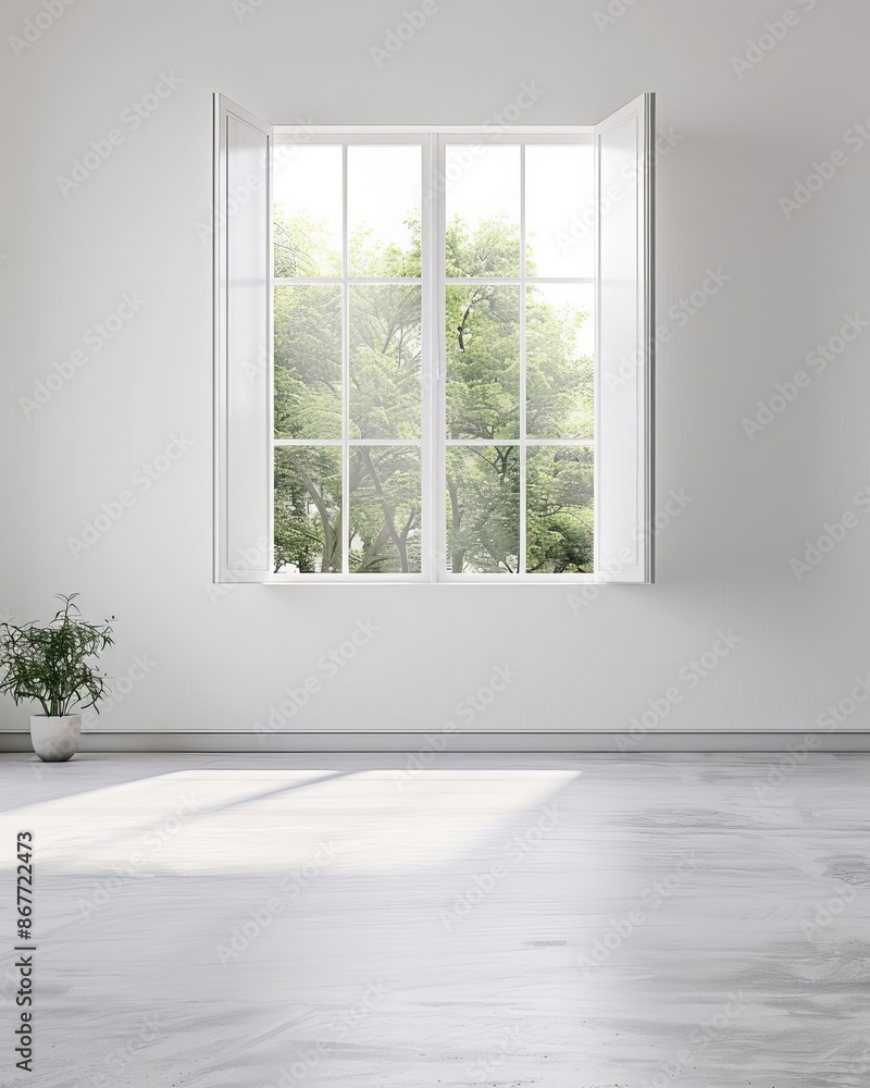 Fototapeta premium Minimalist white room with large window and sunlight streaming in.