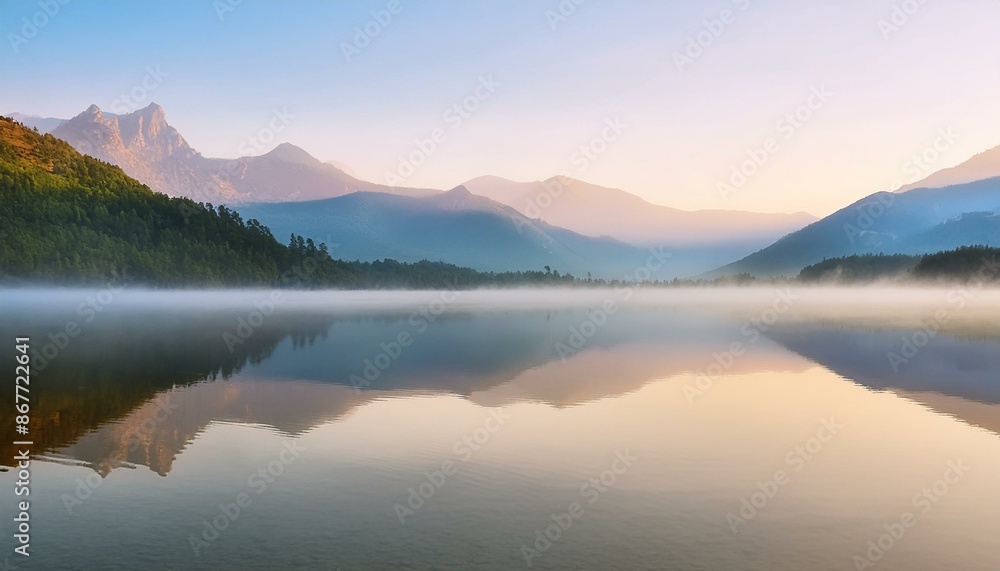 calming rhythms, serene mountain landscape reflected in calm lake waters at dawn, misty and peaceful soft light calming rhythms, serene mountain landscape reflected in calm lake waters at dawn, misty and peaceful soft light