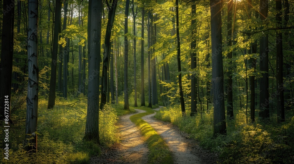 Fototapeta premium A tranquil forest with a winding path leading through tall trees, with sunlight filtering through the leaves.