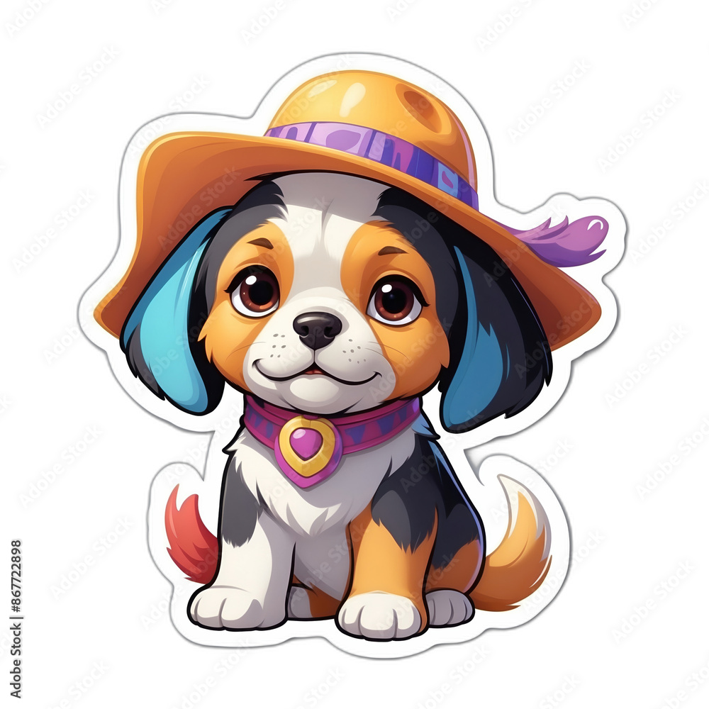 A lovely beagle puppy wearing colorful hat. Cute sticker with transparent background. 3D cartoon style. A lovely beagle puppy wearing colorful hat. Cute sticker with transparent background. 3D cartoon style.