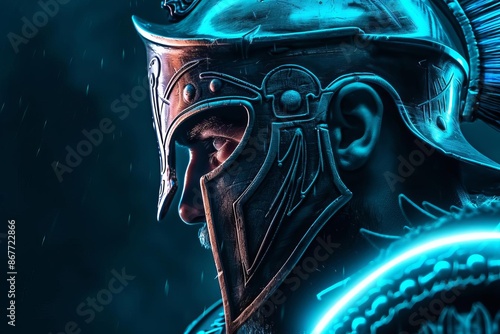 Close-up profile of a warrior wearing a glowing Roman helmet. photo