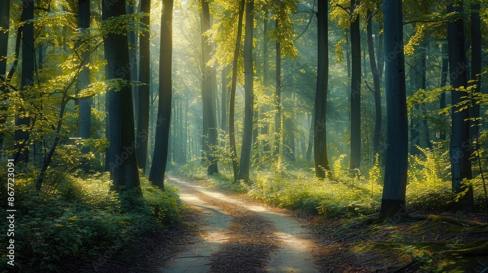 A tranquil forest with a winding path leading through tall trees, with sunlight filtering through the leaves. A tranquil forest with a winding path leading through tall trees, with sunlight filtering through the leaves.