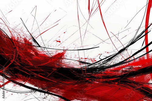 A powerful abstract artwork with dynamic red and black strokes that convey high energy and expressive movement, creating a dramatic visual impact. photo