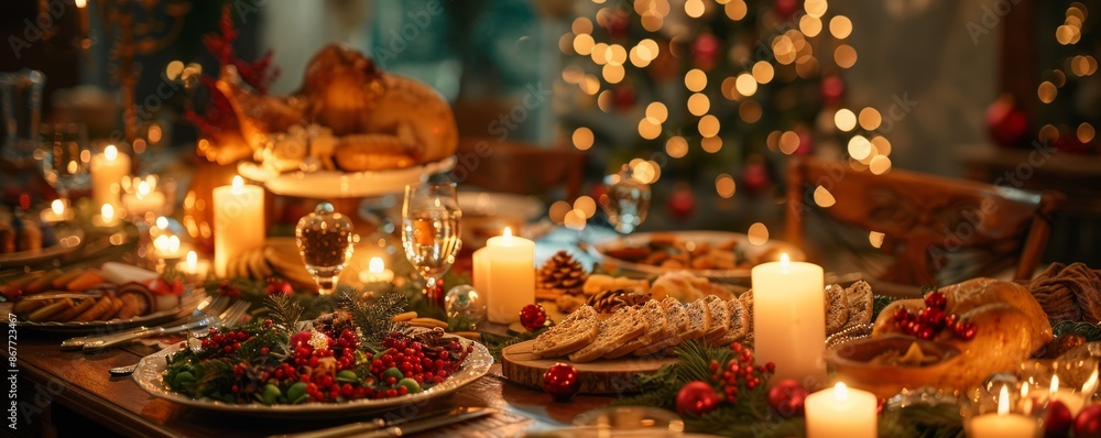A family gathering for a festive holiday dinner, with a table adorned with candles, decorations, and a feast of delicious dishes. A family gathering for a festive holiday dinner, with a table adorned with candles, decorations, and a feast of delicious dishes.
